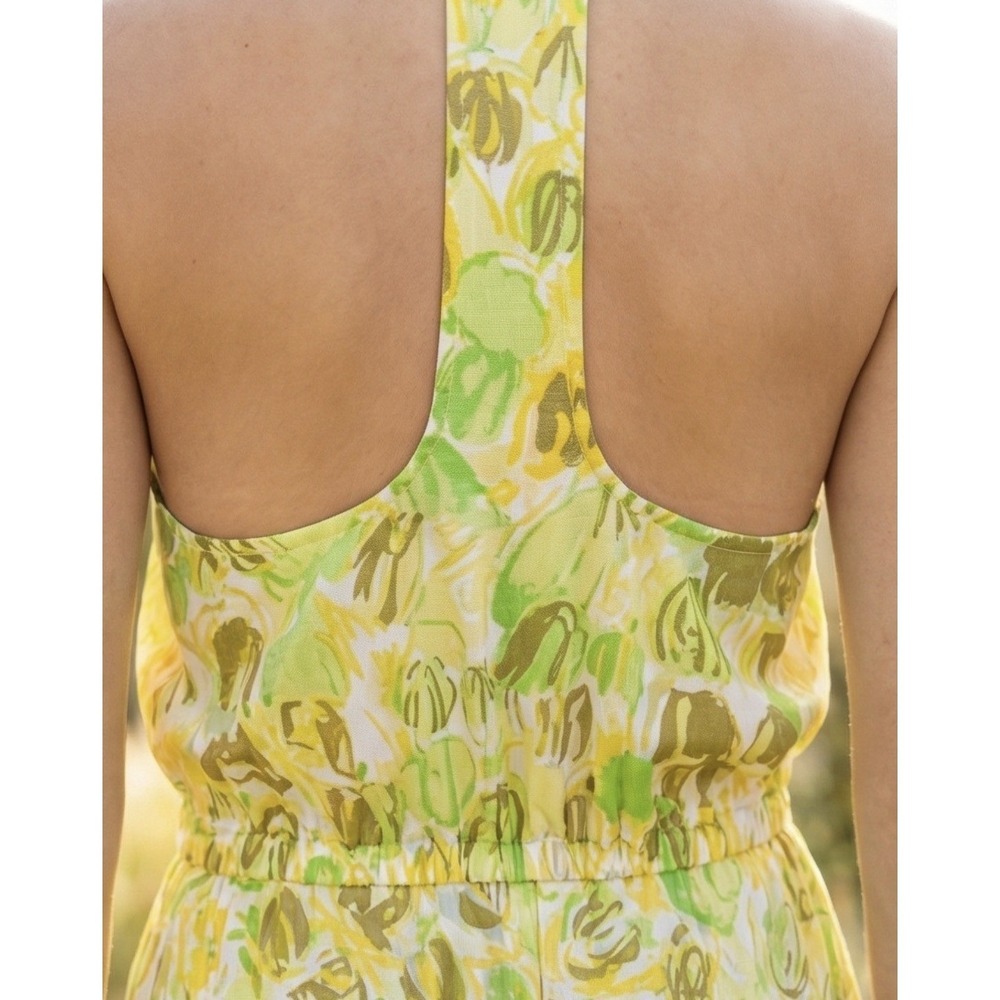 Tracy Reese 100% Silk Floral  Racerback Dress Green Yellow Drawstring Waist